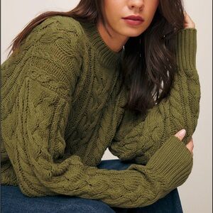Reformation Sam Cotton Cashmere Oversized Crew Sweater in Olive Cable